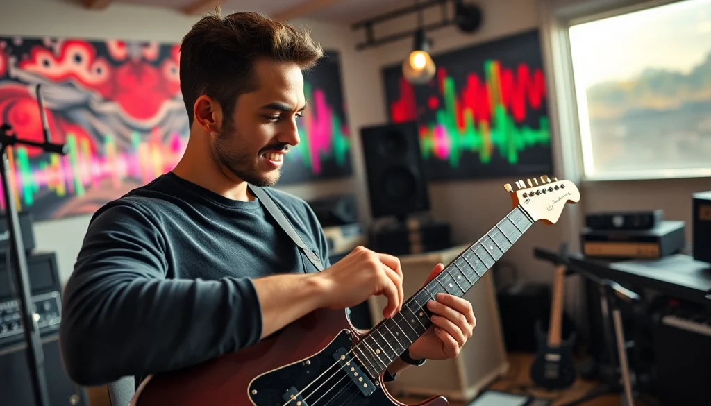 Engaging musician using https://vg99.zip/ guitar synthesizer in a vibrant studio